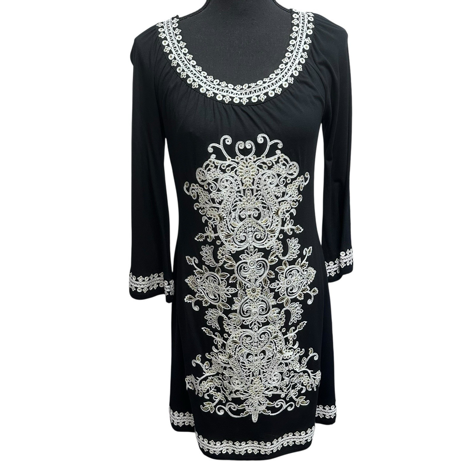 Inc International Concepts Embroidered Shift Dress Size M Black 3/4 Sleeve